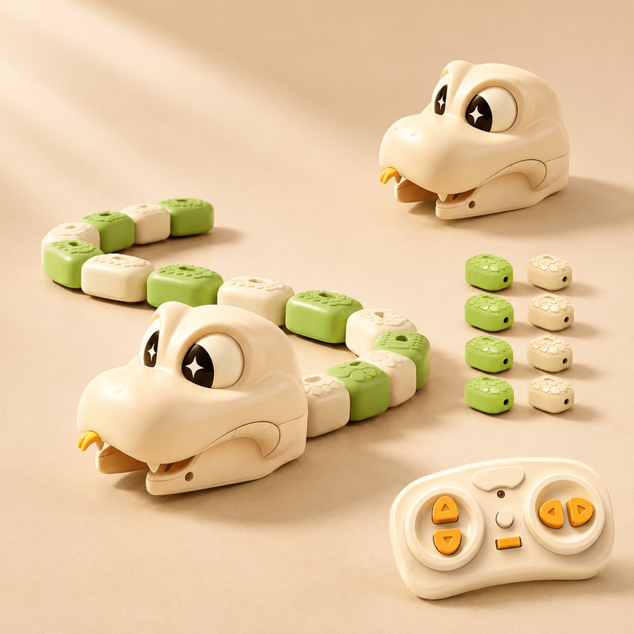 Close-up of the beige magnetic growing snake toy with remote control